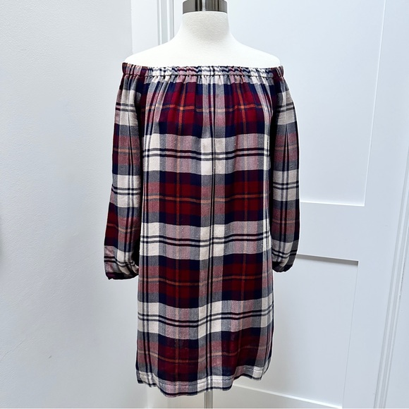 ANTHROPOLOGIE Cloth & Stone Plaid Off-The-Shoulder Tunic Dress - Picture 3 of 12
